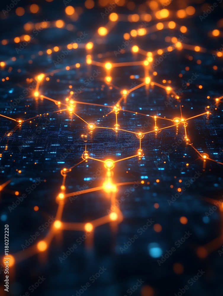 Obraz premium Glowing network nodes on dark surface.