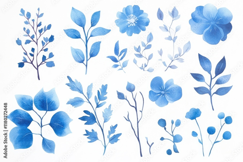 Fototapeta premium A simple yet beautiful arrangement of blue flowers and leaves on a white background