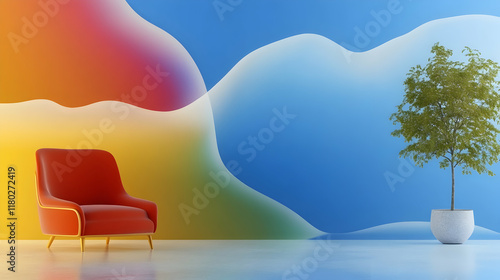 Colorful room interior design with armchair and plant; vibrant wall art; modern home decor; ideal for interior design websites. photo