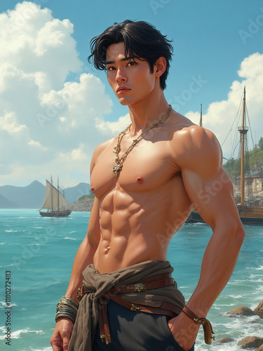 Fantasy Illustration of Heroic Hamdsome Muscular Fantasy Explorer by Ocean with Ships in the Background