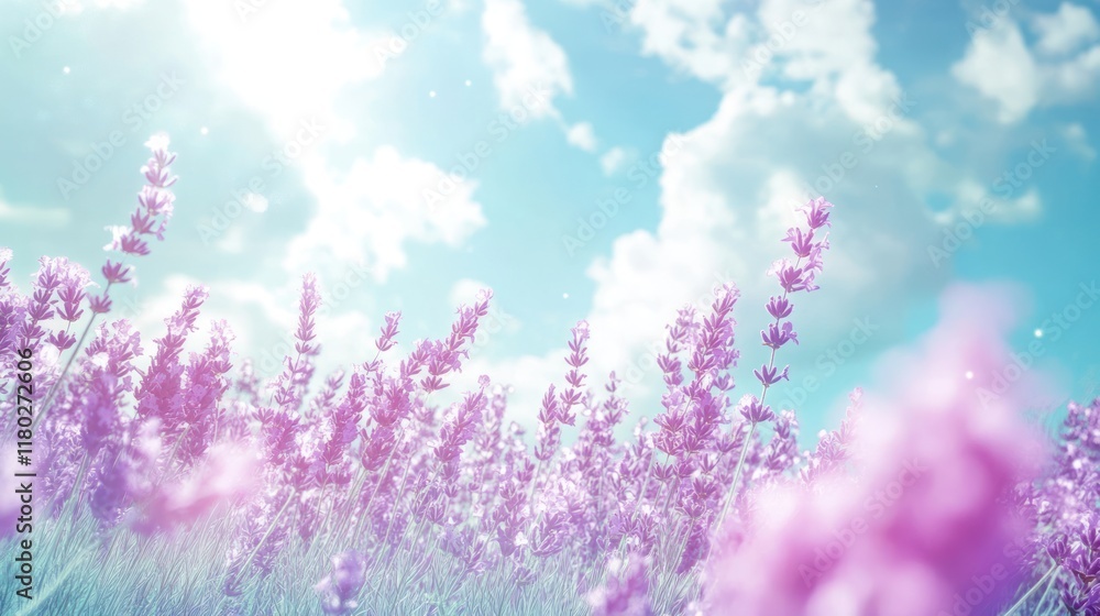 Naklejka premium Purple flowers blooming, sunlit field, cloudy background, relaxation aid