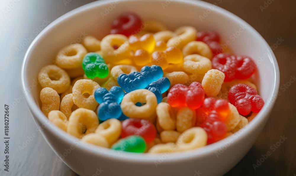 Bowl of cheerios and gummy bears Bowl of cheerios and gummy bears