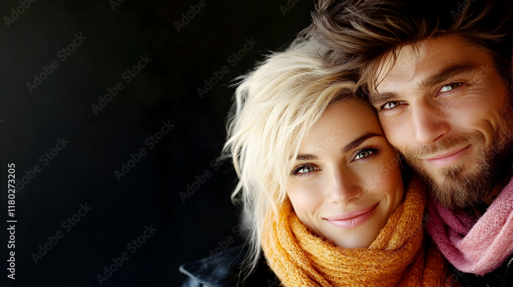 Couple cuddling winter day, close-up portrait against dark background, love and intimacy, ideal for romance or relationship themes. Couple cuddling winter day, close-up portrait against dark background, love and intimacy, ideal for romance or relationship themes.