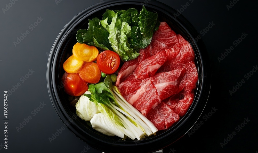 Bowl of food with a lot of vegetables and meat. The bowl is black and the food is red Bowl of food with a lot of vegetables and meat. The bowl is black and the food is red