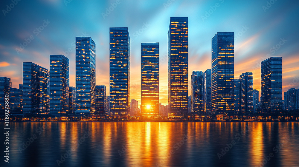 Fototapeta premium A futuristic neon building with a slick shiny surface reflecting a vibrant sunset in a desert landscape, bathed in bright white, gold, and silver tones, creating a blurred, ethereal atmosphere.