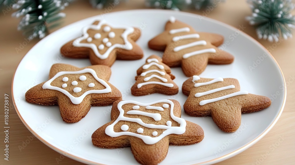 Plate of gingerbread cookies with white icing near craft star and tree-shaped paper decorations Plate of gingerbread cookies with white icing near craft star and tree-shaped paper decorations