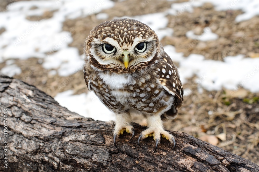 A small owl perched on top of a tree branch, looking around A small owl perched on top of a tree branch, looking around