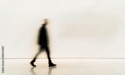 blurred silhouette of person walking in minimalist space, emphasizing motion and solitude