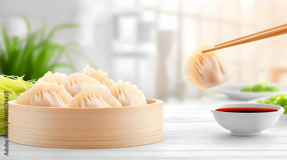 Delicious steamed dumplings lifted with chopsticks, served with soy sauce, in a bright kitchen setting. Perfect for food blogs or restaurant menus. Delicious steamed dumplings lifted with chopsticks, served with soy sauce, in a bright kitchen setting. Perfect for food blogs or restaurant menus.