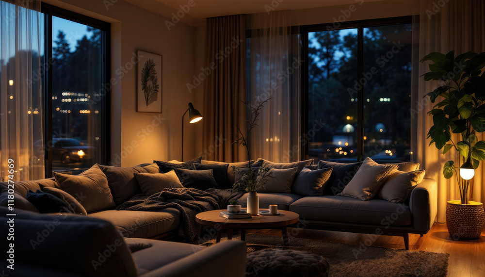 Cozy modern living room night with a large sectional sofa, a coffee table, and a lamp, with a view of trees outside the window. Cozy modern living room night with a large sectional sofa, a coffee table, and a lamp, with a view of trees outside the window.