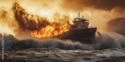 Intense scene of a massive ship consumed by fiery flames, battling fierce stormy waves in the open sea, under looming dark clouds that heighten the tense and dramatic ambiance