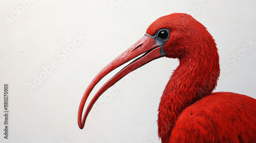 Close-up of a scarlet ibis, vibrant red plumage, long curved beak, against a white background. photo