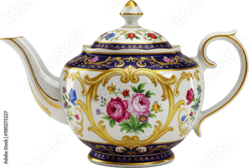 Painted decorative teapot, tea drink container, pitcher, for pouring fresh liquid hot tea, isolate transparent png photo