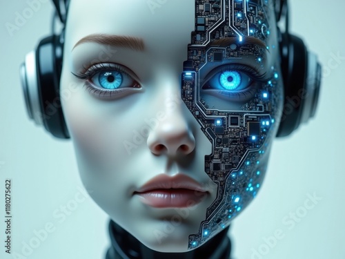 Futuristic humanoid robot with intricate circuitry and glowing blue eyes, showcasing advanced technology and human-like features in a minimalist design photo