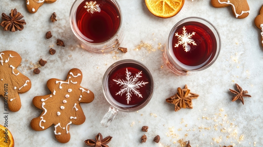 Overhead view of gingerbread cookies, mulled wine, and holiday decorations Overhead view of gingerbread cookies, mulled wine, and holiday decorations