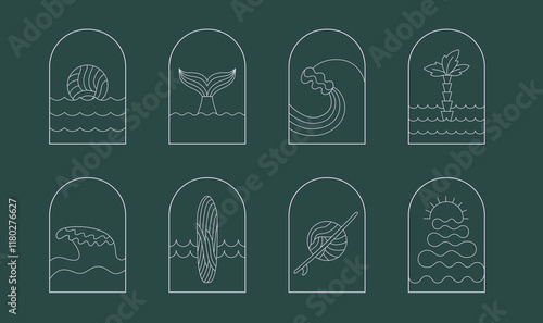 Modern bohemian linear surfing, design. Simple geometric surf camp, resort, stickers, textile template, design frame