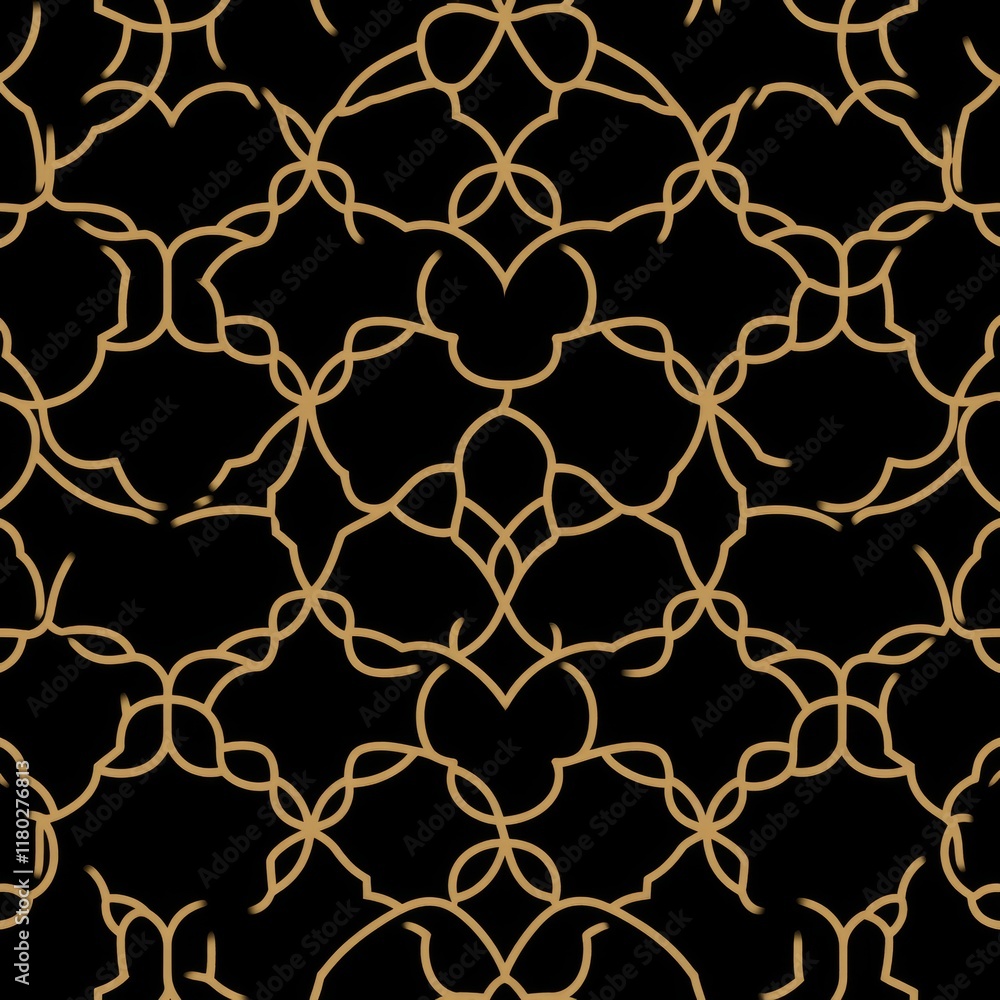 Fototapeta premium A modern seamless background adorned with a simple lattice design and golden and black graphic ornaments, showcasing an Arabian style abstract geometry pattern.