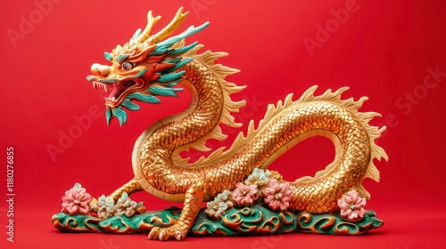 Wallpaper Mural Dragon sculpture with flowers on vivid red background, traditional Asian art. Torontodigital.ca