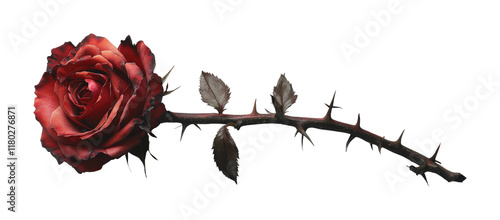 Elegant red rose with stem and thorns nature close-up view high fidelity detail isolated on transparent background png