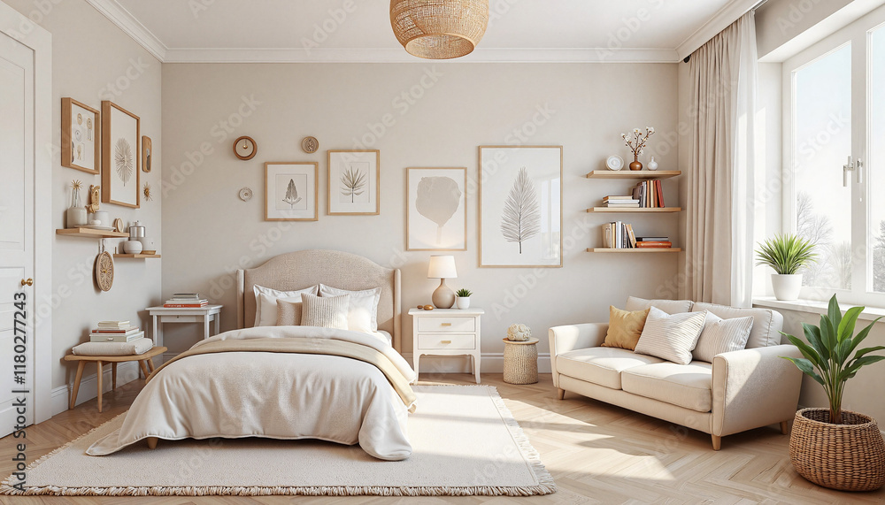 Fototapeta premium Cozy minimalist bedroom with natural decor and warm lighting