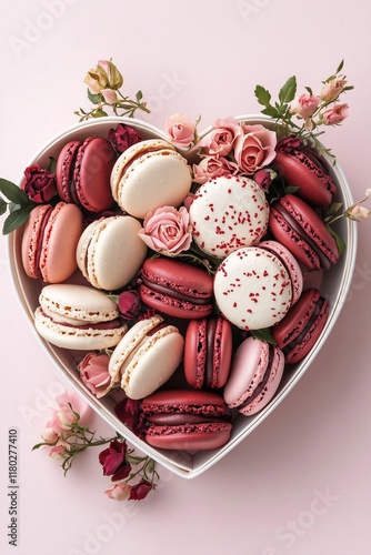 heart shaped box full of red and pink macarons and roses on a pink background for Valentines