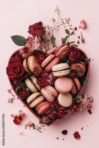 heart shaped box full of red and pink macarons and roses on a pink background for Valentines
