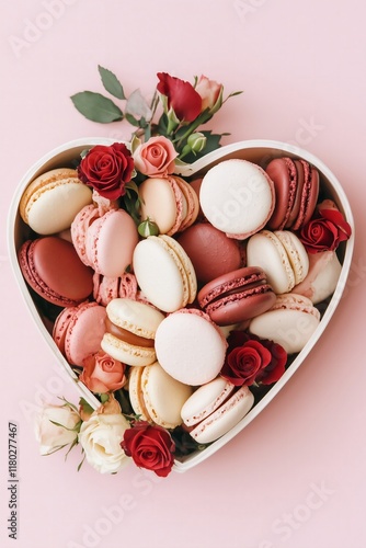 heart shaped box full of red and pink macarons and roses on a pink background for Valentines