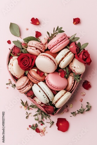 heart shaped box full of red and pink macarons and roses on a pink background for Valentines
