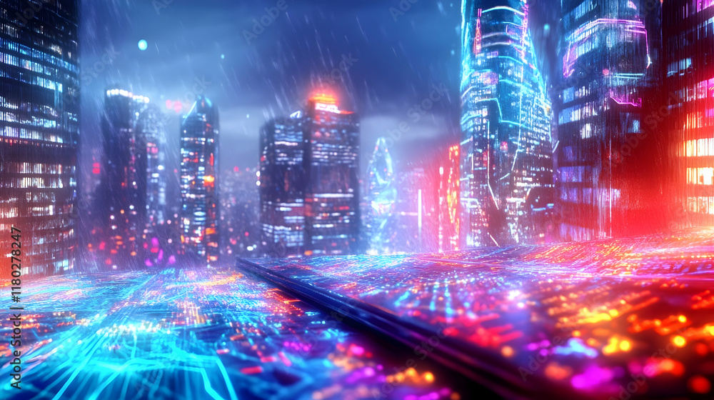 Futuristic city rain, neon lights, digital cityscape, technological advancement, background for sci-fi film. Futuristic city rain, neon lights, digital cityscape, technological advancement, background for sci-fi film.