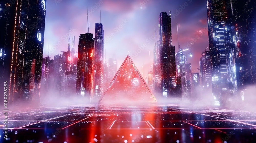 Fototapeta premium Futuristic city skyline at night, illuminated pyramid in foreground, smoky atmosphere, ideal for sci-fi or cyberpunk backgrounds.