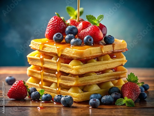 Delicious Stack of Waffles with Butter, Syrup, and Fresh Fruit - Stock Photo photo