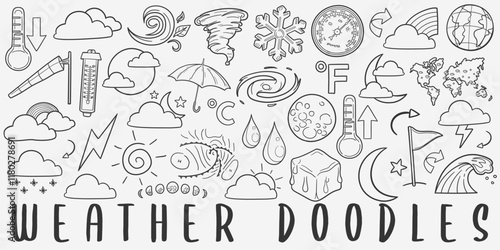 Weather Doodle Icons. Hand Made Line Art. Meteorology Clipart Logotype Symbol Design
