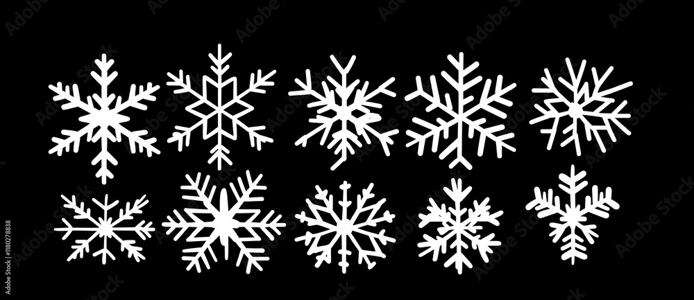 A collection of snowflake icons. Modern black and white ornament A collection of snowflake icons. Modern black and white ornament