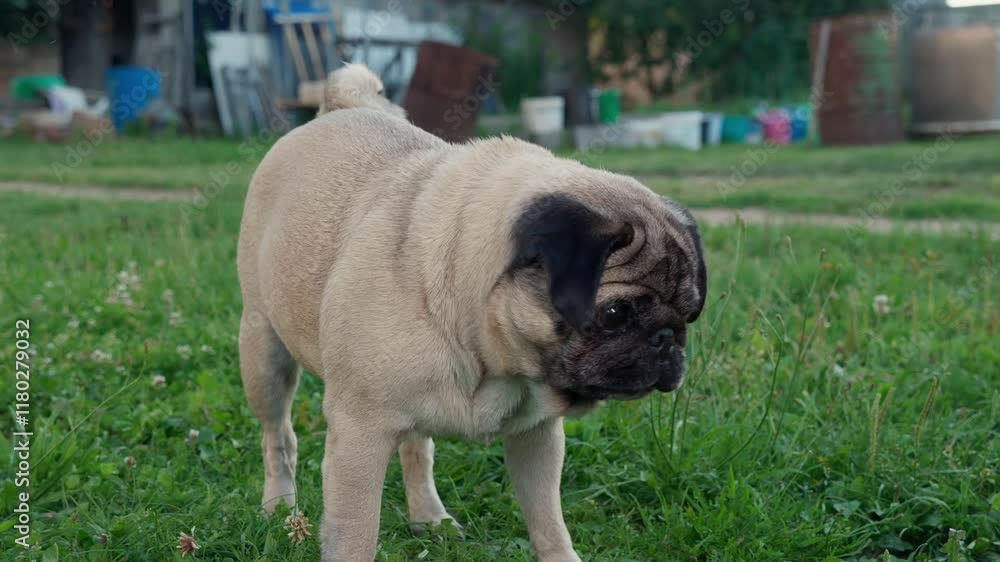 Cute pug dog catches treats during training for obedience outdoors in slow motion. Man given raspberry for dog and having fun best friends together Cute pug dog catches treats during training for obedience outdoors in slow motion. Man given raspberry for dog and having fun best friends together