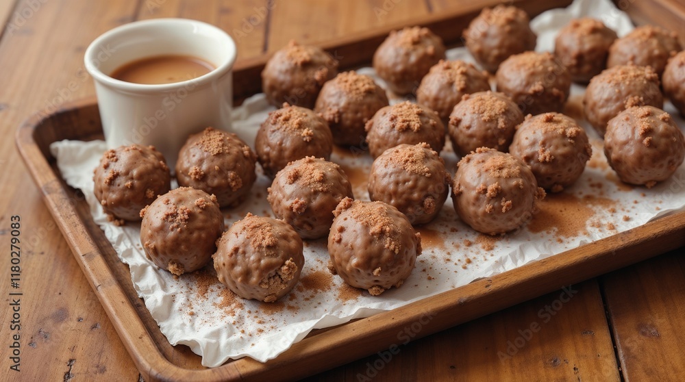 Fototapeta premium Chocolate Truffle Balls on Wooden Plate