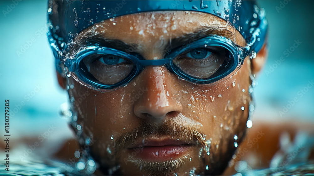 Fototapeta premium The face of a professional swimmer in goggles and cap coming out of the water