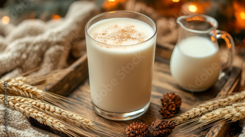 A glass of milk on a wooden tray surrounded by wheat stalks and a milk jug photo