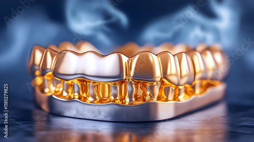 Gold teeth model, smoky background, dental care, luxury dentistry. photo