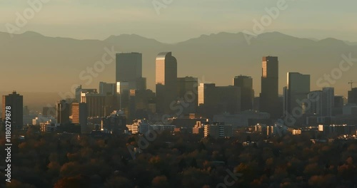 Denver City Sunset Aerial with Mountains
