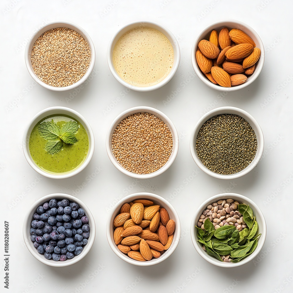 Assorted bowls of seeds, nuts, and greens arranged in a grid, showcasing a variety of healthy ingredients for cooking and nutrition. Assorted bowls of seeds, nuts, and greens arranged in a grid, showcasing a variety of healthy ingredients for cooking and nutrition.