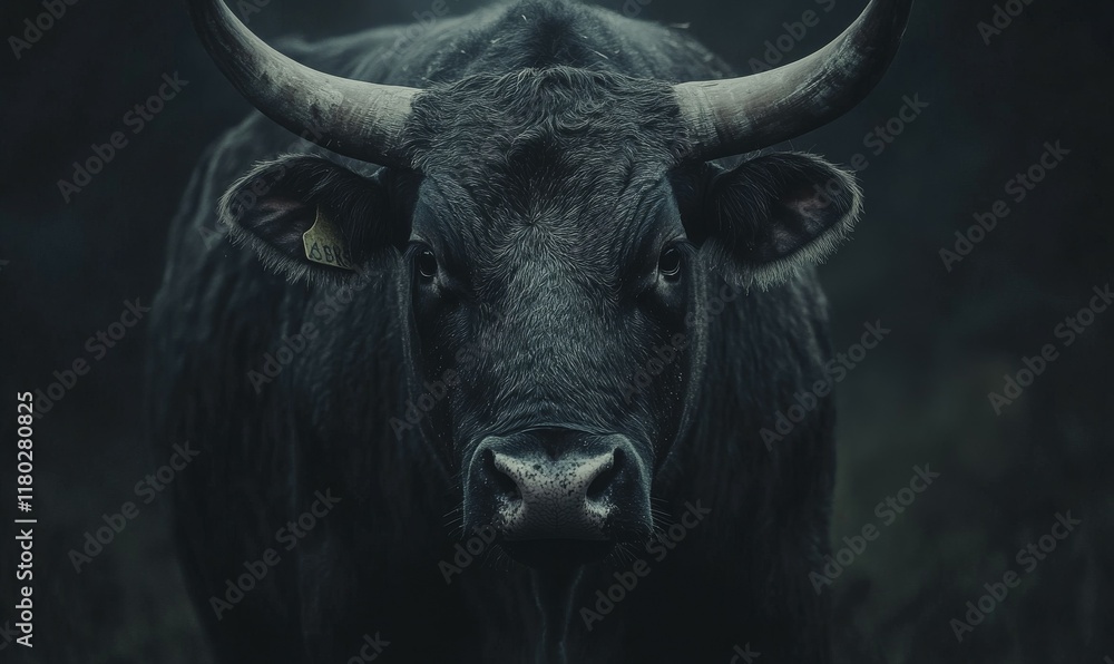 Naklejka premium Bull with large horns is staring at the camera. The image has a dark and moody atmosphere, with the bull's intense gaze and the black background