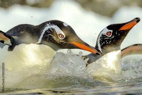 Penguins swimming together in the ocean, with sunlight filtering down from above photo