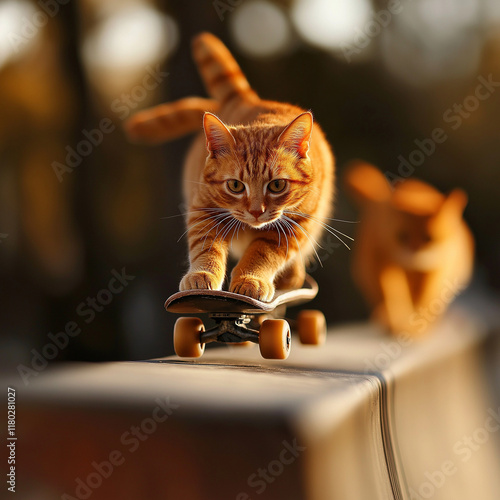 Spritzige Katzen bei rasanten Sprüngen auf einem Skateboard

 photo