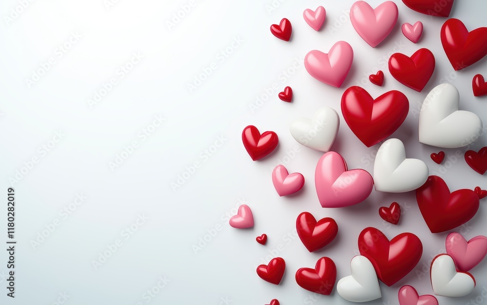 A clean white background with layered three-dimensional red and pink hearts creating depth for Saint Valentines Day A clean white background with layered three-dimensional red and pink hearts creating depth for Saint Valentines Day
