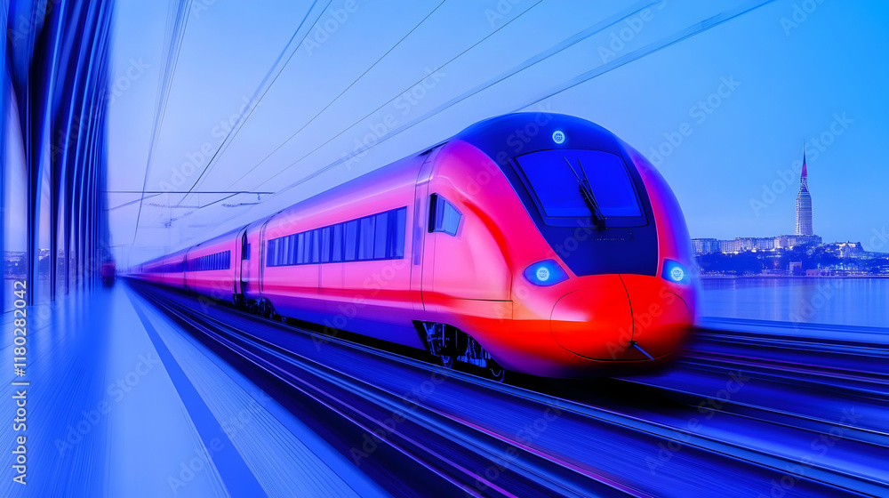 Naklejka premium High-speed train arriving at city station at dawn, river and cityscape background, for travel and transport advertising.