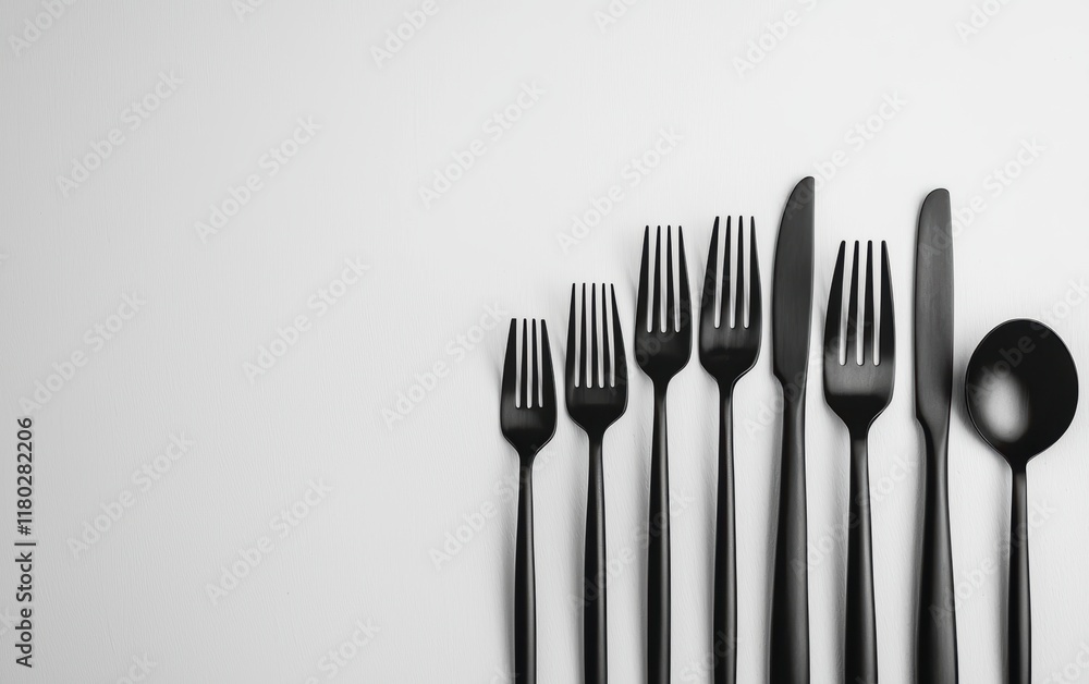 A collection of matte black cutlery with modern shapes and sleek lines on a white background A collection of matte black cutlery with modern shapes and sleek lines on a white background