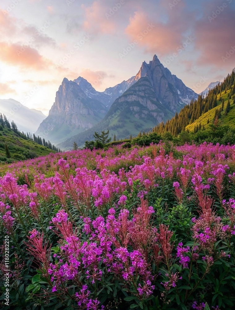 Mountain valley with vibrant mood and wildflowers in bloom Mountain valley with vibrant mood and wildflowers in bloom