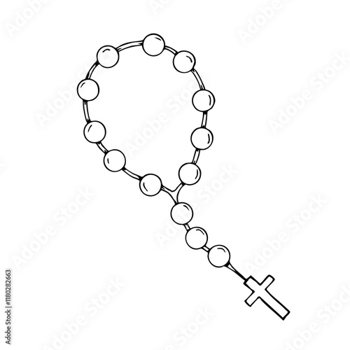 First communion rosary beads outline for religious celebrations and sacramental design. Hand drawn. Black and white vector illustration. Christian icon