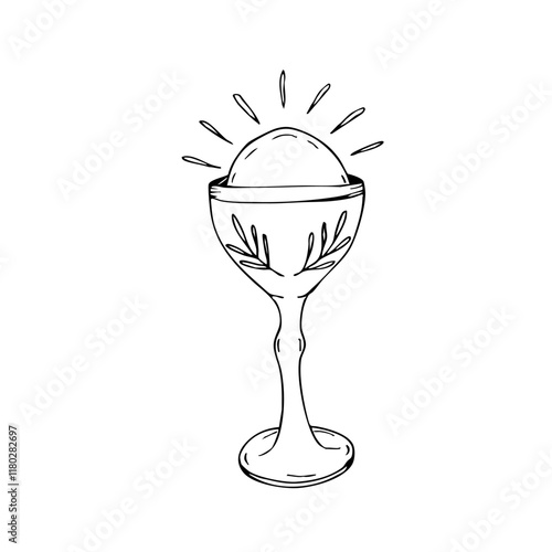 First communion symbols with chalice and host design for religious sacrament ceremonies. Christian icon. Hand drawn. Black and white vector illustration.