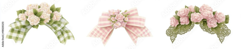 Fototapeta premium PNG cutout element set featuring watercolor pink bow ribbons coquette